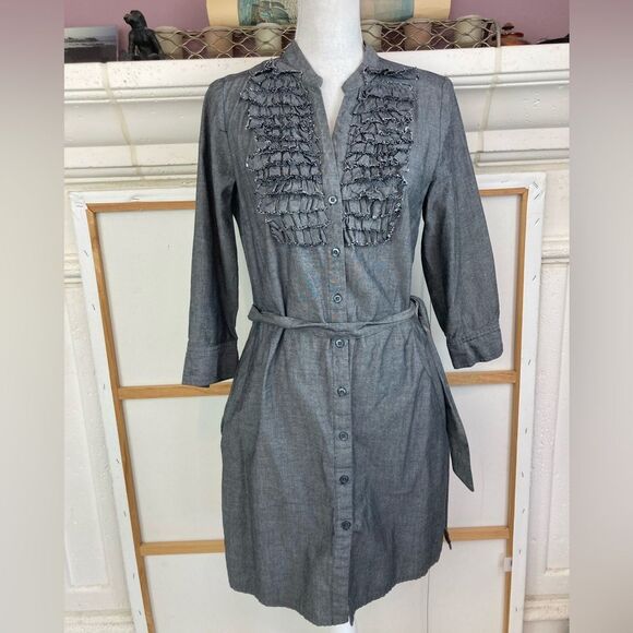Gray Button-Up Dress w/ ruffled front yoke button down w/ matching belt& pockets - Picture 1 of 11